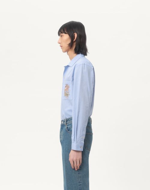 Valentino - Oxford Cotton Shirt With Floral Embroidery - Azure - Man - Shirts