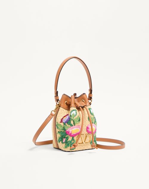 Valentino Garavani - Vlogo Signature Mini Bucket Bag In Raffia With Floral Embroidery - Multicolor/camel - Woman - Shoulder Bags