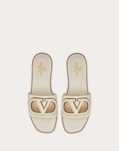 Valentino Garavani - Vlogo Cut-out Calfskin Slide Sandal - Ivory/antique Brass - Woman - Slides And Thongs