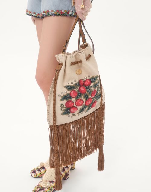 Valentino Garavani - Valentino Garavani Nellcôte Alice Embroidered Bag With Fringes - Natural/multicolor - Woman - Shoulder Bags