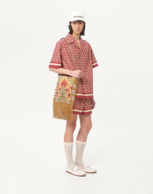 Valentino Garavani - Valentino Garavani Nellcôte Shoulder Bag In Jacquard Fabric With Fringes - Havana Beige/multicolor - Man - Shoulder Bags