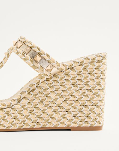 Valentino Garavani - Rockstud Laminated Nappa Wedge Sandal 90 Mm - Natural/ivory/gold/platinum - Woman - Espadrilles And Wedges