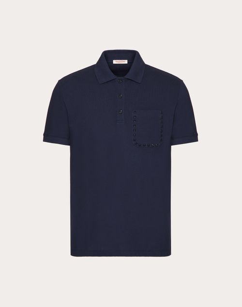 Shop Valentino Cotton Piqué Polo Shirt With Rockstud Untitled Studs In Navy