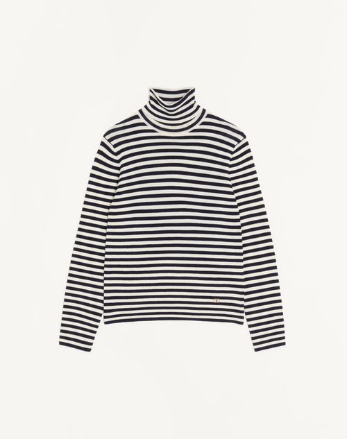 Valentino - Valentino High-neck Wool Sweater With Vlogo Patch - Ivory/navy - Man - Knitwear