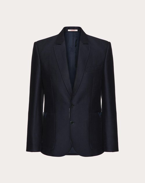 Shop Valentino Wool And Silk Single-breasted Jacket With Rubberised V Detail In Navy