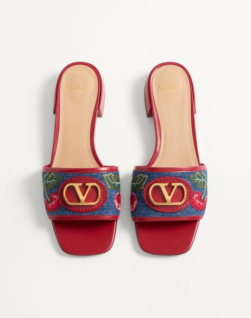 Valentino Garavani - Vlogo Signature Denim Slide Sandal With Cherryfic Embroidery 20mm - Denim/multicolour - Woman - Sandals