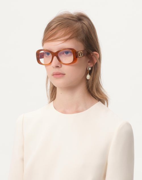 Valentino - Rectangular 70's Acetate Glasses - Beige - Unisex - Eyewear